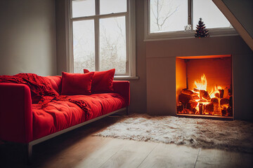 Holiday fireplace, Christmas tree, red sofa