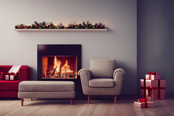 Christmas and cozy fireplace, Christmas balloons Xmas present gifts, grey sofa