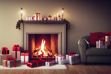 Fireplace with Christmas decorations Xmas present gifts, grey sofa