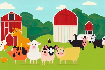 Obraz na płótnie Canvas Cute Farm Clipart, Farm Animals Cartoon Digital Clipart, Farm Animals