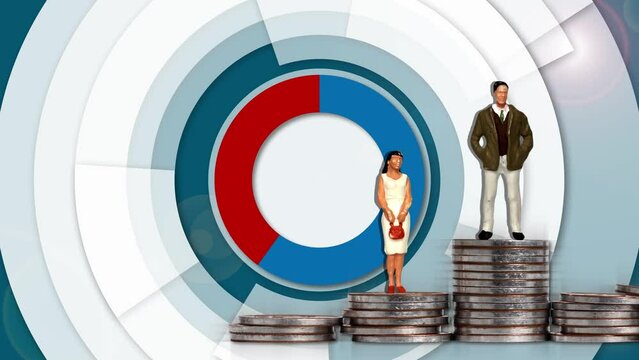 Miniature people and a pile of coins and graphs. The concept of gender gap in employment.
