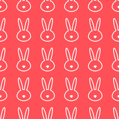 Seamless pattern with kawaii bunny head. Cute cartoon rabbit muzzle white on pastel pink background. Easter, baby shower, kid’s clothes, textile design. Vector illustration