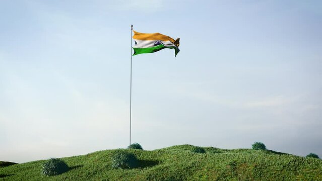 India, Indian flag waving in the wind on a beautiful landscape. Blue sky. 4K HD. Stunning image.