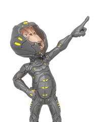 chimpanzee astronaut is pointing to the moon and out of space