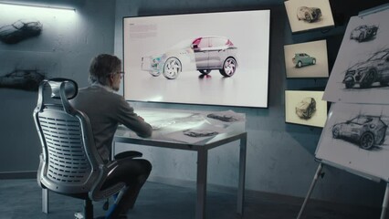 Senior automotive graphic designer works with digital display graphics touch sreen table. Looks at the rotating 3d image of the car in a wall mounted LED. High tech innovative laboratory.