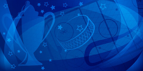 Abstract background in blue colors with different hockey symbols such as puck, stick, ice rink, cup
