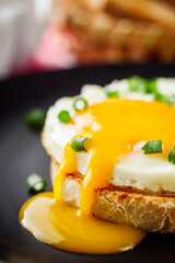 delicious fried egg sandwich on black rustic wooden background