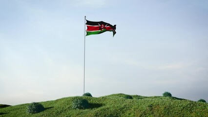 Kenya, kenyan flag waving in the wind on a beautiful landscape. Blue sky. 4K HD. Stunning image.