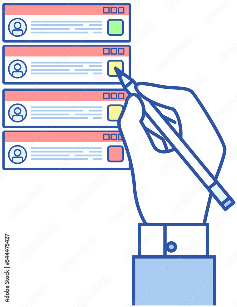 Poster analysing user profiles in social network or messenger. person works with list of virtual accounts, 