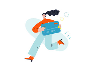 Online payment - Online shopping and electronic commerce series - modern flat vector concept illustration of a young woman holding the credit card. Promotion, discounts, sale and online orders concept