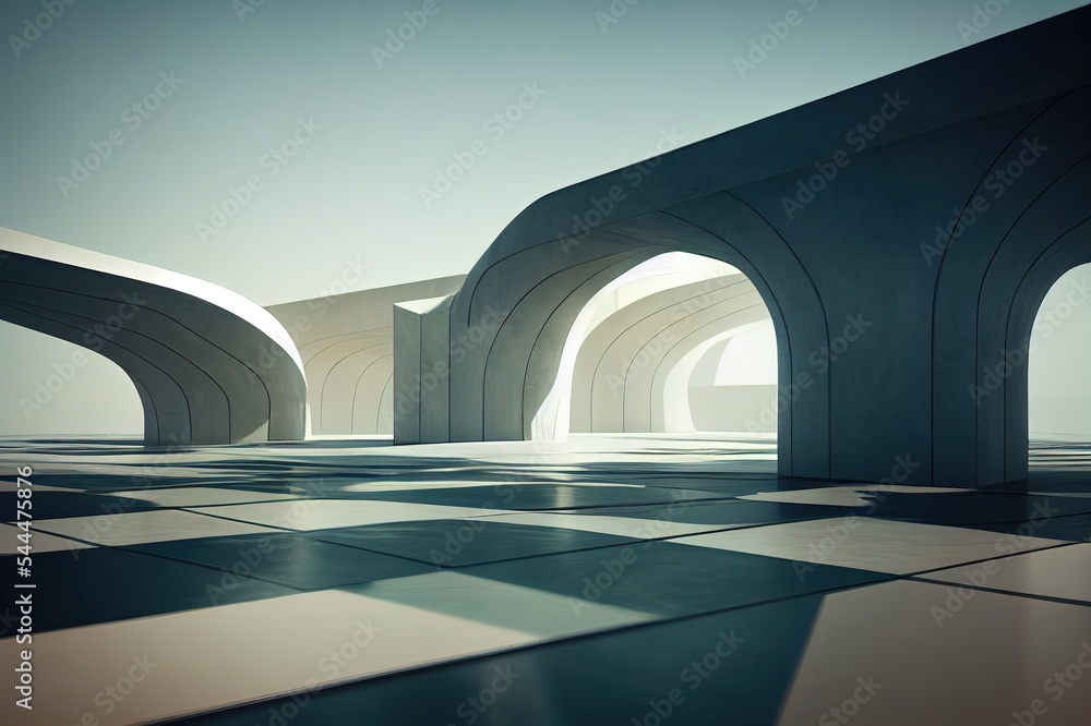 Poster 3d render of abstract futuristic architecture with concrete floor.