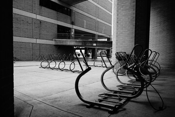 Empty bicycle racks within a city