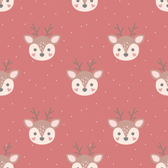 Cute Christmas Deer. Seamless pattern design on red background. Isolated Icons. Christmas Vector Design. Surface Design in Cartoon Style.
