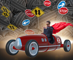 Superhero businessman driving vintage roadster