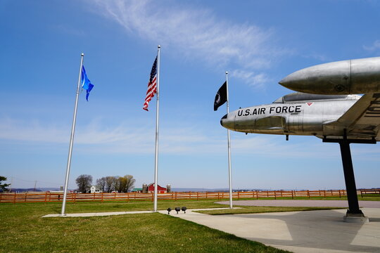 Lockheed t-33 trainer f-80 shooting star United States war jet mounted up at memorial site outside of Prairie Du Sac.