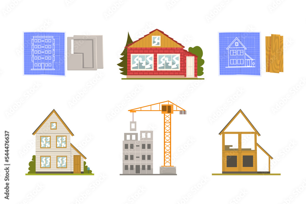 Poster house construction site with building architecture stage vector set