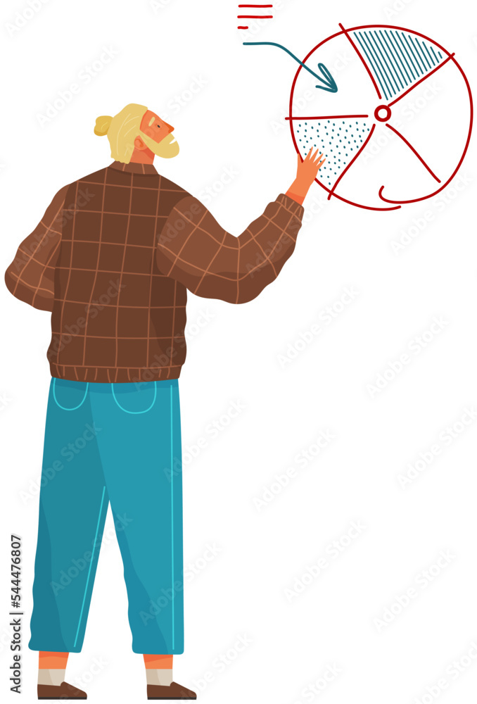 Poster businessman analyzing graph, analyst makes presentation. data science concept. pie chart and diagram