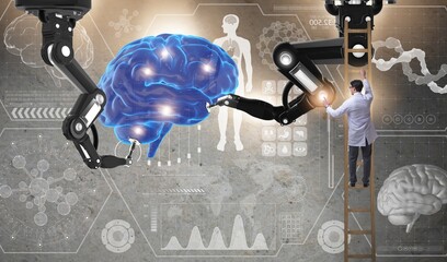 Doctor in futuristic medical concept with brain