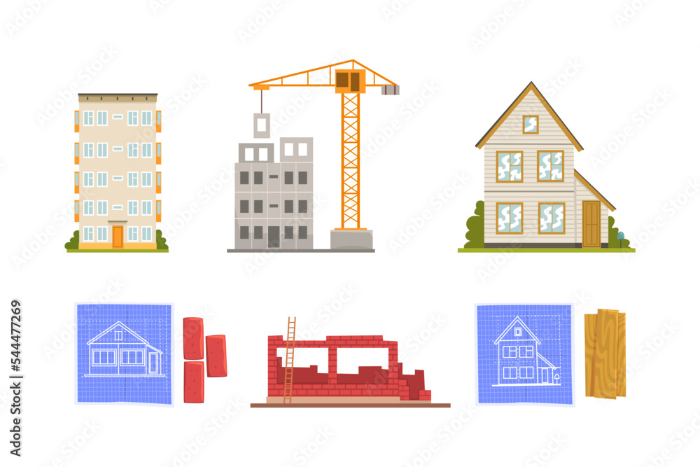 Poster house construction site with building architecture stage vector set