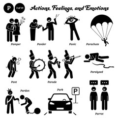 Stick figure human people man action, feelings, and emotions icons alphabet P. Pamper, pander, panic, parachute, pant, parade, paralyzed, pardon, park, and parrot.