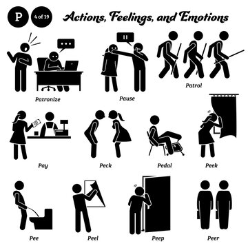 Stick figure human people man action, feelings, and emotions icons alphabet P. Patronize, pause, patrol, pay, peck, pedal, peek, pee, peel, peep, and peer.