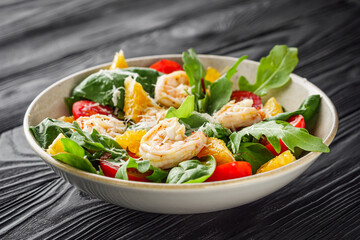 delicious fresh shrimp salad with orange and cherry tomatoes on a black wooden rustic background