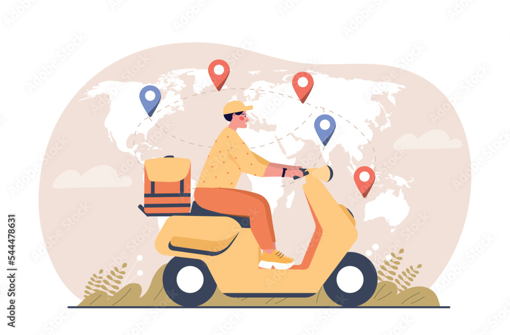 Poster fast delivery on earth. man on scooter against backdrop of map with marks. navigation and geolocatio
