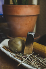 smoldering stick with palo santo in a wooden plate in a cozy apartment. aromatherapy and meditation. Scandinavian interior. selective focus