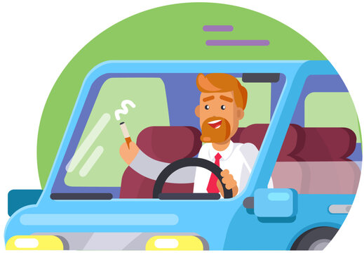 Dangerous driving, bad habit, disaster concept. Man in car with cigarette. Driver smokes while driving. Male character smoking in automobile. Person with tobacco product in auto vector illustration