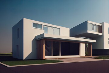 A concept for a home hydrogen system to store solar energy and power electric and hydrogen cars. A modern house with an open garage and a car in the afternoon light. 3d rendering.