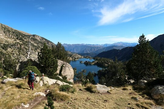 Pyrenees, Carros de Foc hiking tour. A week long hike from hut to hut on a natural scenery with lakes, mountains and amazing flora and fauna.
