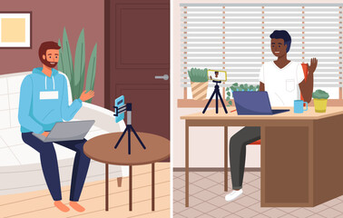 Negotiation session, blogger recording video for blog. Video call, podcast concept. Man with smartphone talking to friend on screen at online meeting. Distance learning at educational platform
