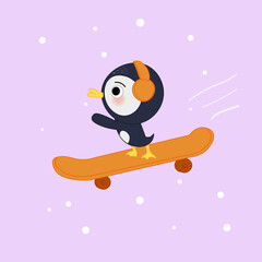 Cute penguin playing skateboard with earmuff