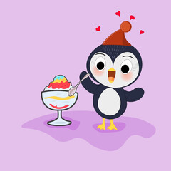 cute penguin eats ice cream with ice cream cup
