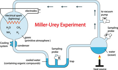 Miller Urey Experiment. Colorful symbols. Vector illustration.
