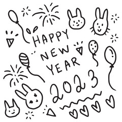 Happy new year 2023 with rabbit doodle hand-drawn. Design for card, invitation, greeting. Vector illustration