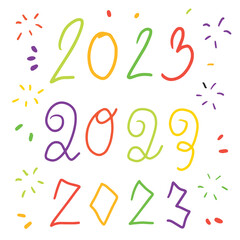Happy new year 2023 doodle hand-drwan for celebration, card, poster, greeting. Vector illustration