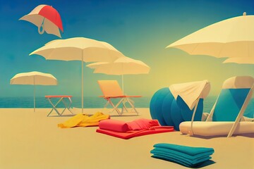 Flat lay summer vacation with beach towel, umbrella, chair and inflatable ring on cream color background. 3d rendering