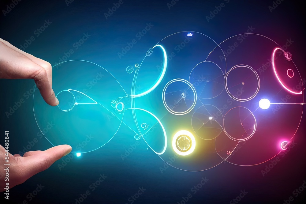 Poster hand touch digital hud interface futuristic technology background of virtual computer screen display
