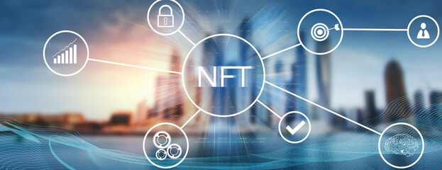 NFT and icons on a virtual screen.