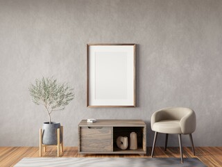 Mock up poster frame on wall in modern interior background, living room. Warm and Cozy style. 3D rendering.