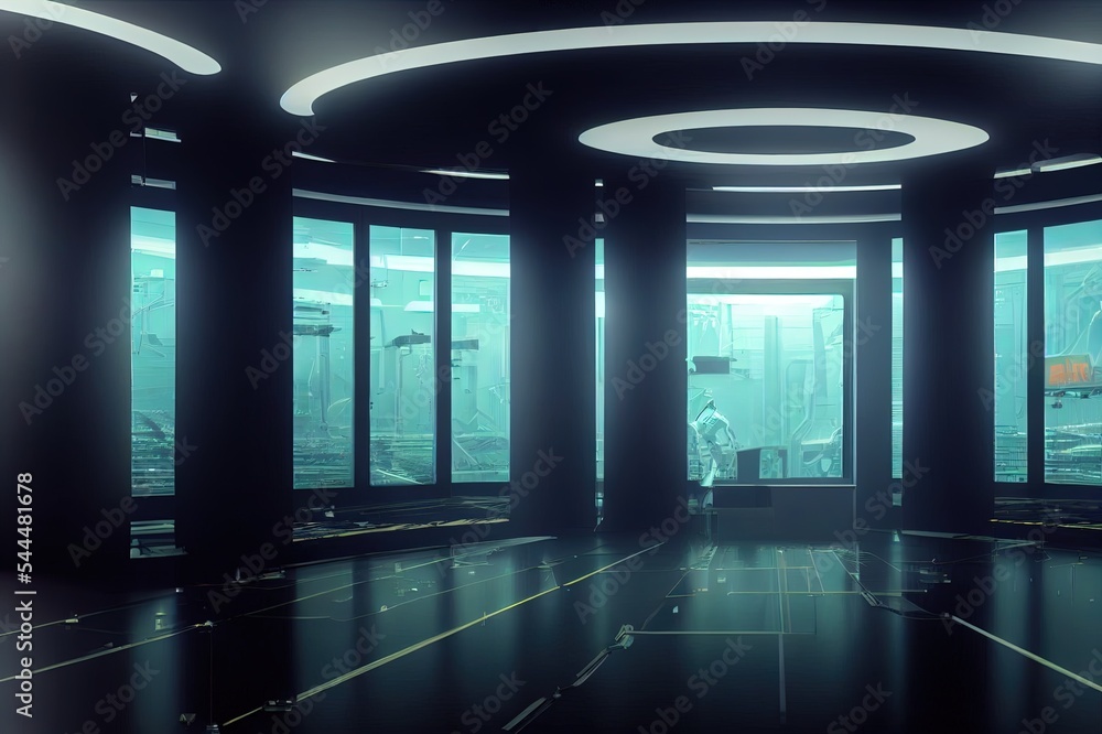Poster inside spaceship laboratory interior architecture and empty podium for cyberpunk product presentatio
