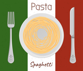 Pasta with parmesan cheese italian cuisine. Spaghetti served on plate on national flag background. Vector hot meal on white plate, spaghetti. Concept of dinner in cafe, gourmet, nutrition ingredient