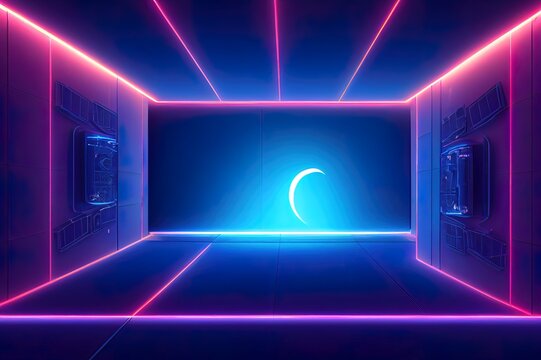 Sci fi product podium showcase in empty spaceship room with blue earth background. Cyberpunk blue and pink color neon space technology and entertainment object concept. 3D illustration rendering