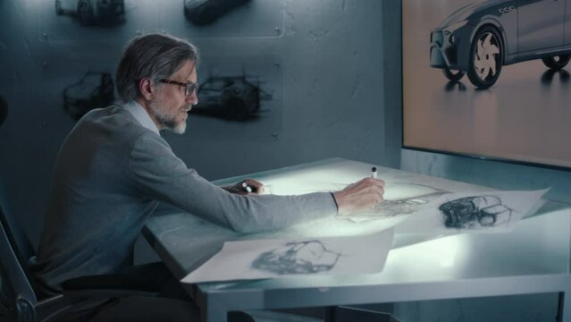 An automotive engineer and designer transfers sketches of prototype car and makes design corrections with a digital display graphics touch sreen table using stylus pen.