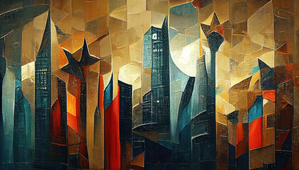 Cityscape cubism style. Imitation of oil painting. Skyscrapers in modernism style banner. Digital illustration.