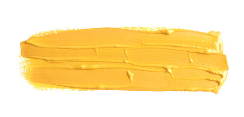 Yellow paint stroke drawn with brush on white background, top view
