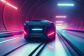 The car rushes at high speed through an endless neon technology tunnel. Futuristic concept.3d illustration