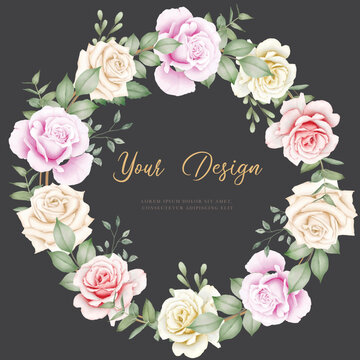 Watercolor Roses floral wreath with Brown circle 