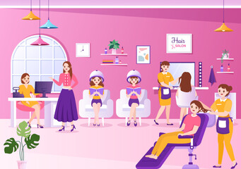 Hair Salon with Hairdresser, Haircut, Haircare and Hairstyle in Beauty Salon or Barber in Flat Cartoon Hand Drawn Templates Illustration